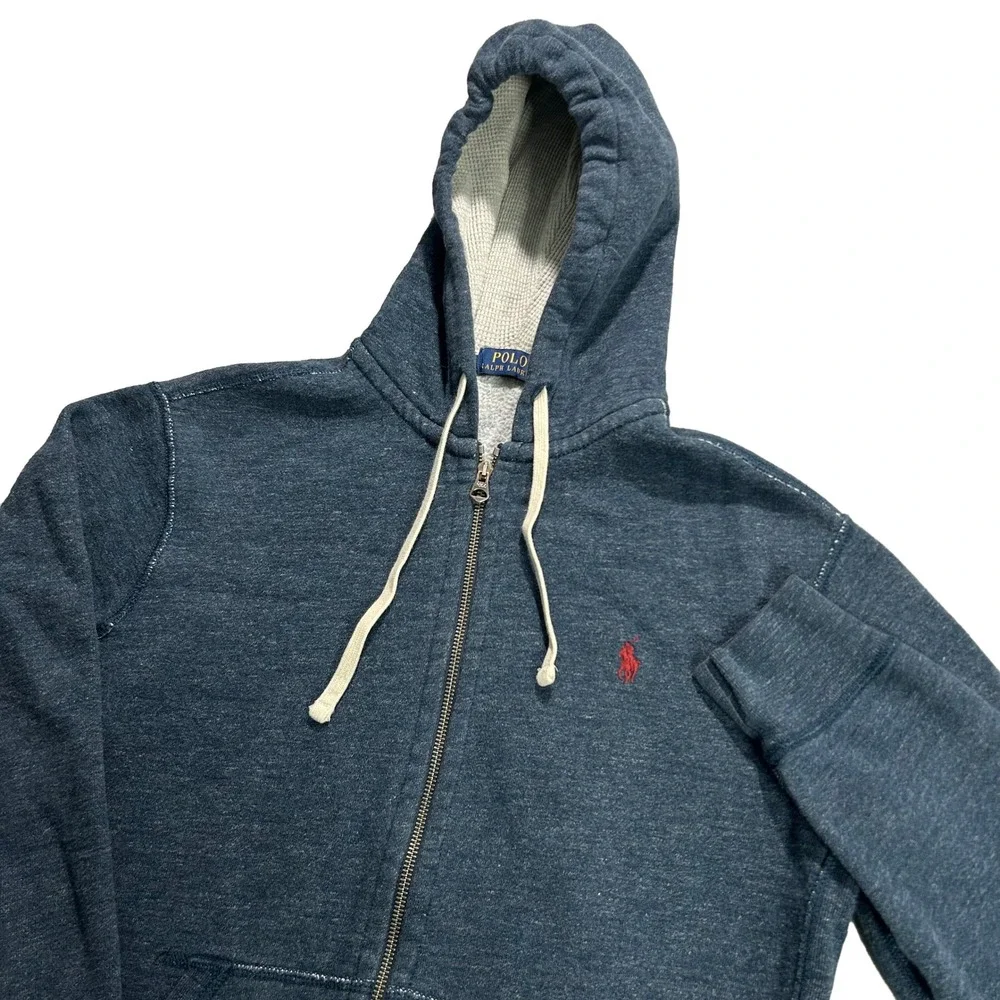 Polo Ralph Lauren Hoodie Mens M Blue Full Zip Red Pony Logo Waffle Lined Hood